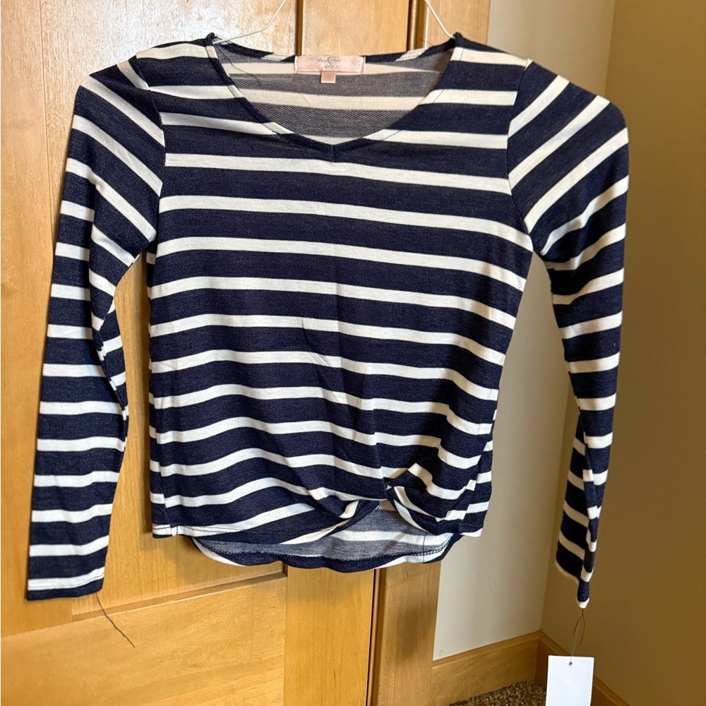 Striped Long-Sleeve Knot Front Top - Navy & White